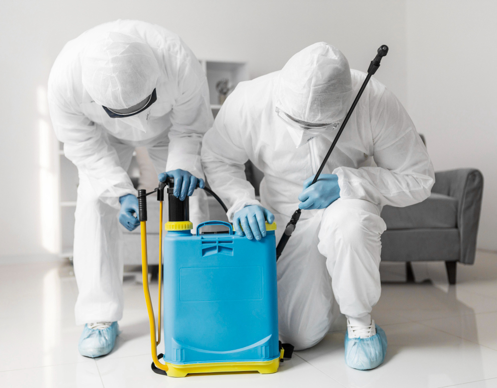 Pest control workers in protective suits preparing disinfection equipment